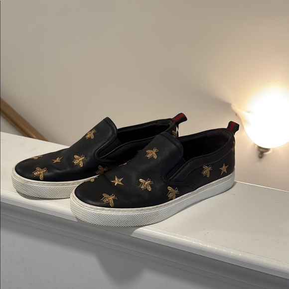 GUCCI Black & Gold Embroidered Bee & Star Dublin Slip On Sneaker Men’s Size 5G 🐝 - Picture 6 of 16